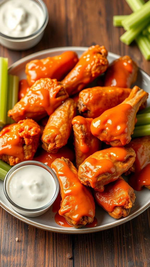 Crispy buffalo chicken wings on a plate with celery and ranch dressing.